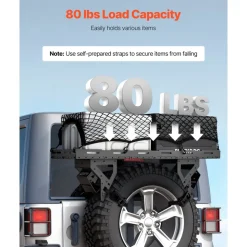 VEVOR Spare Tire Cargo Basket, for 30-40 Inch Tires, Fit for 1976-2024 Jeep Wrangler JK JL TJ YJ CJ, 80 lbs Load Capacity, Utility Cargo Basket Rack Storage Tray Replacement, No-Drill Installation