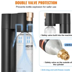 VEVOR Sparkling Water Maker, Soda Maker Machine for Home Carbonating, Seltzer Water Starter Kit with 2 BPA-free 1L PET Bottles, Compatible with Mainstream Screw-in 60L CO2 Cylinder(NOT Included) Black