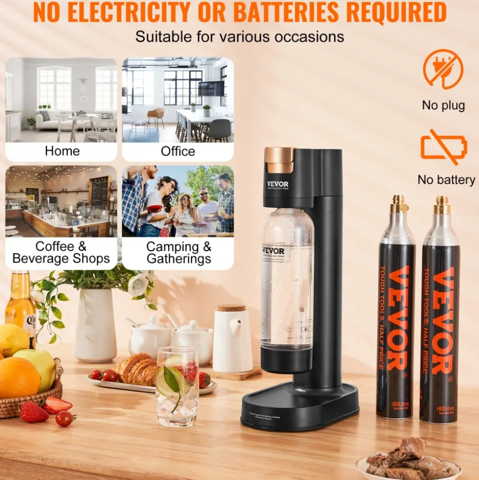 VEVOR Sparkling Water Maker, Soda Maker Machine for Home Carbonating, Seltzer Water Starter Kit with BPA-free 1L PET Bottle, 2 CO2 Cylinders, Compatible with Mainstream Screw-in 60L CO2 Cylinder