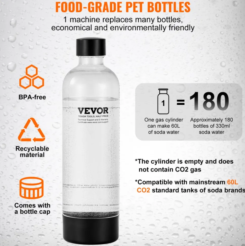 VEVOR Sparkling Water Maker, Soda Maker Machine for Home Carbonating, Seltzer Water Starter Kit with BPA-free 1L PET Bottle, 2 CO2 Cylinders, Compatible with Mainstream Screw-in 60L CO2 Cylinder