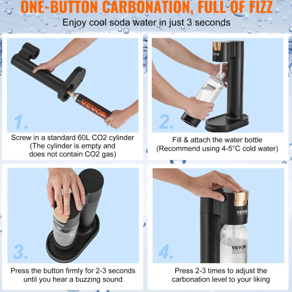 VEVOR Sparkling Water Maker, Soda Maker Machine for Home Carbonating, Seltzer Water Starter Kit with BPA-free 1L PET Bottle, 2 CO2 Cylinders, Compatible with Mainstream Screw-in 60L CO2 Cylinder