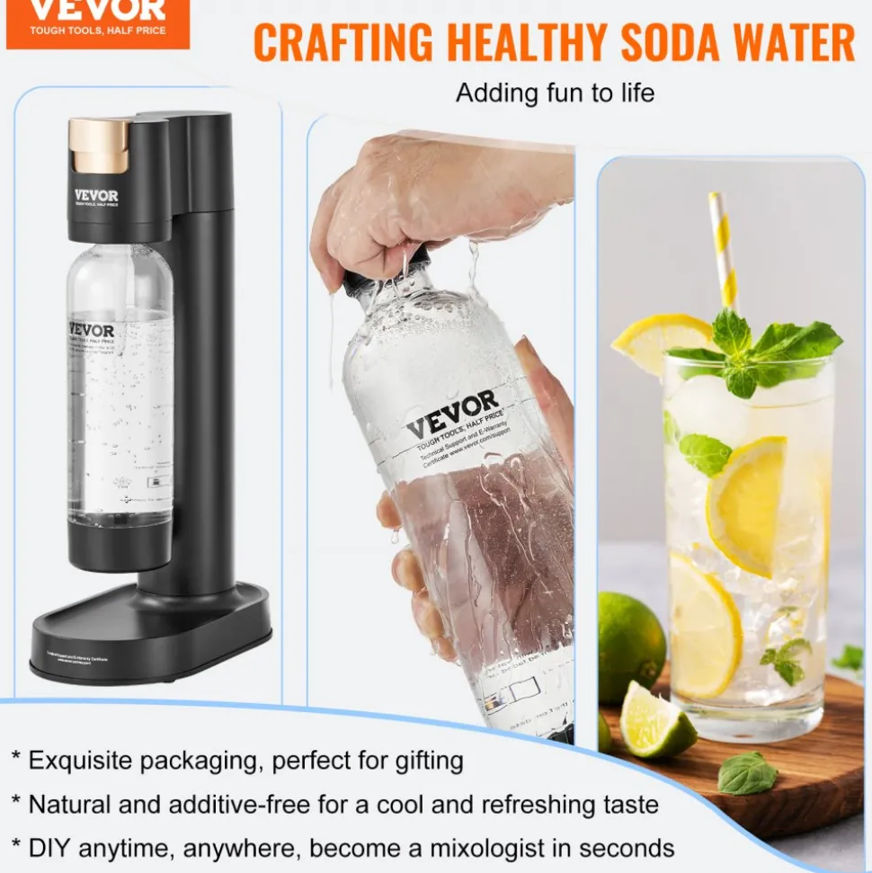 VEVOR Sparkling Water Maker, Soda Maker Machine for Home Carbonating, Seltzer Water Starter Kit with 2 BPA-free 1L PET Bottles, CO2 Cylinder, Compatible with Mainstream Screw-in 60L CO2 Cylinder
