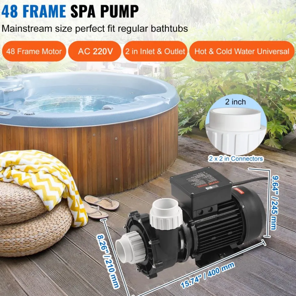 VEVOR 2 Speed SPA Pump, 48-Frame, AC 110-120V Hot Tub SPA Pump, 1.5HP/150GPM/42.65ft High Speed or 0.46HP/70GPM/9.18ft Low Speed, 2" Port 90° Rotational Interface for Hot Tub, Tested to UL Standards