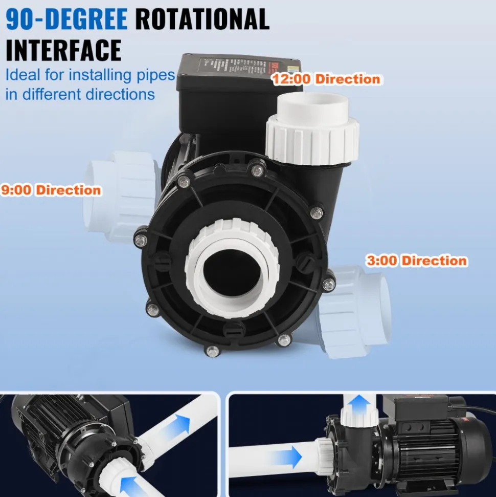 VEVOR 2 Speed SPA Pump, 48-Frame, AC 110-120V Hot Tub SPA Pump, 1.5HP/150GPM/42.65ft High Speed or 0.46HP/70GPM/9.18ft Low Speed, 2" Port 90° Rotational Interface for Hot Tub, Tested to UL Standards