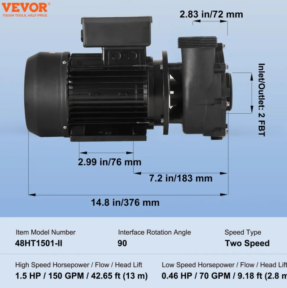 VEVOR 2 Speed SPA Pump, 48-Frame, AC 110-120V Hot Tub SPA Pump, 1.5HP/150GPM/42.65ft High Speed or 0.46HP/70GPM/9.18ft Low Speed, 2" Port 90° Rotational Interface for Hot Tub, Tested to UL Standards