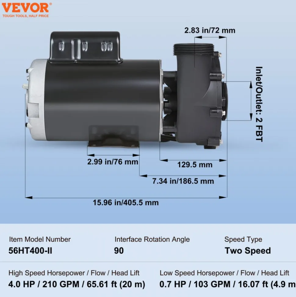 VEVOR 2 Speed SPA Pump, 56-Frame, AC 220-240V Hot Tub SPA Pump, 4HP/210GPM/65.61ft High Speed or 0.7HP/103GPM/16.07ft Low Speed, 2" Port 90° Rotational Interface for Hot Tub, Tested to UL Standards