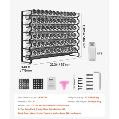 VEVOR Spice Rack Organizer for Cabinet, Spice Organizer with 72 Empty Spice Jars, Lids, Spice Labels, and Funnel Complete Set, Seasoning Organizer for Countertop, Kitchen, Pantry, Cupboard, 23x16 in