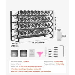 VEVOR Spice Rack Organizer for Cabinet, Spice Organizer with 36 Empty Spice Jars, Lids, Spice Labels, and Funnel Complete Set, Seasoning Organizer for Countertop, Kitchen, Pantry, Cupboard, 18x11 in