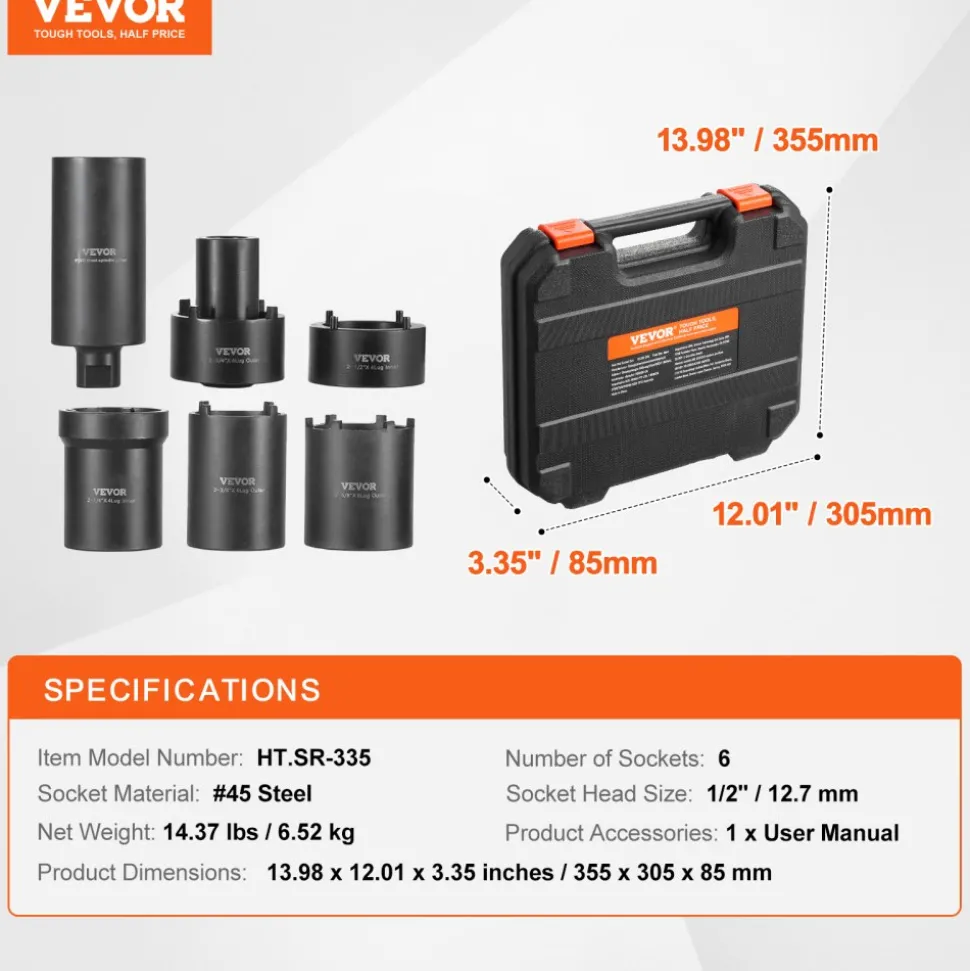 VEVOR Spindle Nut Socket Tool Kit, 1/2 inch Drive 6 Piece Axle Hub Nut Socket Set, for Toyota, Ford, 4WD Vehicles and GM Vehicles, with Storage Case, Axle Spindle Nut Retainers Remover