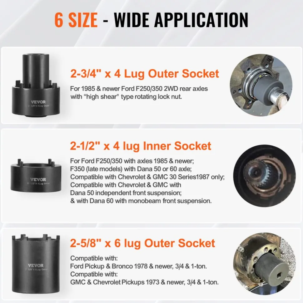 VEVOR Spindle Nut Socket Tool Kit, 1/2 inch Drive 6 Piece Axle Hub Nut Socket Set, for Toyota, Ford, 4WD Vehicles and GM Vehicles, with Storage Case, Axle Spindle Nut Retainers Remover