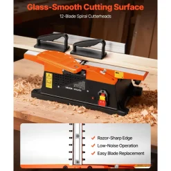VEVOR Spiral Benchtop Jointer, 6 in, 2 HP 12000 RPM Bench Top Wood Jointer, with 12-Blade Spiral Cutterhead, Up to 1/8 in Depth, Adjustable Fence, 6 x 23 in Cast Aluminum Table, for Woodworking DIY
