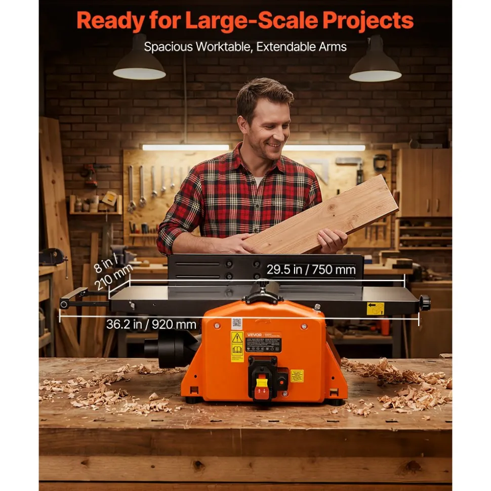 VEVOR Spiral Benchtop Jointer, 8 Inch, 2 HP 8500 RPM Bench Top Wood Jointer, with 18-Blade Spiral Cutterhead, Extendable Cast Aluminum Table, Up to 1/8 in Depth, Adjustable Fence, for Woodworking DIY