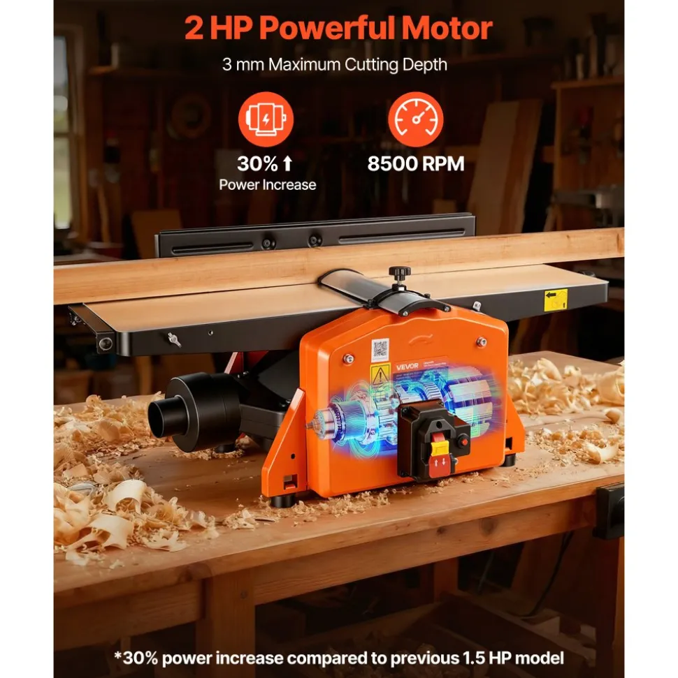 VEVOR Spiral Benchtop Jointer, 8 Inch, 2 HP 8500 RPM Bench Top Wood Jointer, with 18-Blade Spiral Cutterhead, Extendable Cast Aluminum Table, Up to 1/8 in Depth, Adjustable Fence, for Woodworking DIY