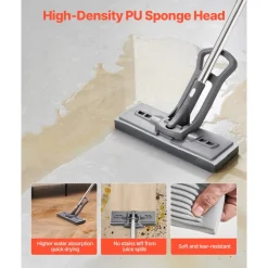 VEVOR Sponge Mop, High-Density PU Sponge Mop with 1 Pcs Sponge Mop Replacement , Easy to Squeeze Sponge Mop with Hook & Loop for Head Change, Fit for Various Floors’ Cleaning