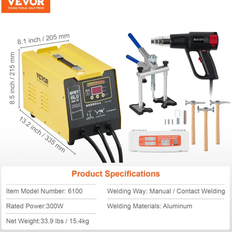VEVOR Spot Welder Dent Puller, 300W Stud Welder Dent Repair Kit with Heat Gun, Auto/Manual Welding Mode, 110V Auto Body Spot Welding Dent Repair Machine for Aluminum Car Body Panels Repair
