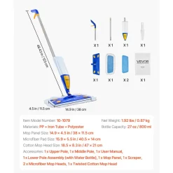 VEVOR Spray Mop, with 3 Washable Pads for Dry and Wet Floor Cleaning and a 27oz Refillable Water Tank, Microfiber Dust Wet Mop & Twisted Cotton Dry Mop, Commercial Home Use for Tiles/Vinyl/Wood Floor