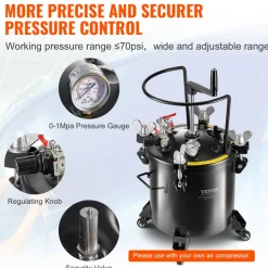 VEVOR Spray Paint Pressure Pot, 20L/5gal Pressure Pot Tank, 70 psi Adjustale Pressure, Steel Pressure Pot Paint Tank with Casters and Leak Repair Sealant, for Home Decor and Industry Painting