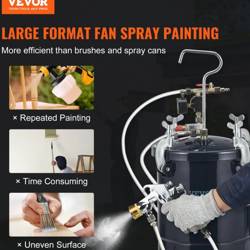 VEVOR Spray Paint Pressure Pot Tank, 10L/2.5gal Air Paint Pressure Pot, 1.5mm+4mm Two Nozzles Two Spray Paint Guns, 60PSI Max, for Industry Home Decor Architecture Construction Automotive Painting