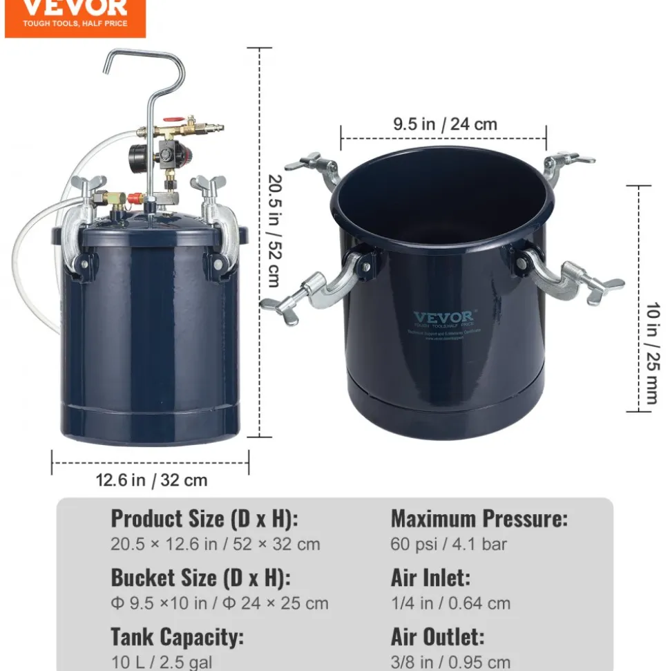 VEVOR Spray Paint Pressure Pot Tank, 10L/2.5gal Air Paint Pressure Pot, 1.5mm+4mm Two Nozzles Two Spray Paint Guns, 60PSI Max, for Industry Home Decor Architecture Construction Automotive Painting