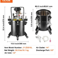 VEVOR Spray Paint Pressure Pot, 10 L/2.5 gal Fully Automatic Stirring Pressure Pot Tank, 70 psi Adjustale Pressure, Pressure Pot Paint Tank with Spray Gun and Hoses, for Home Decor Industry Painting