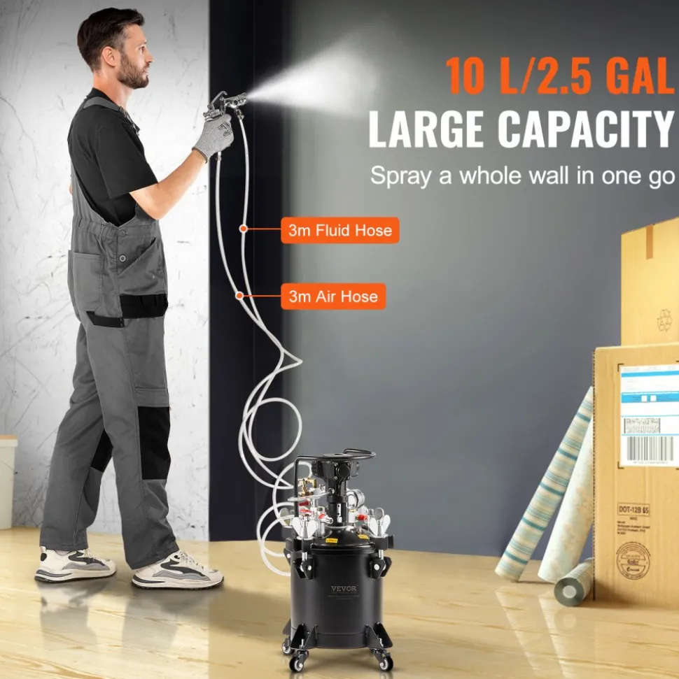 VEVOR Spray Paint Pressure Pot, 10 L/2.5 gal Fully Automatic Stirring Pressure Pot Tank, 70 psi Adjustale Pressure, Pressure Pot Paint Tank with Spray Gun and Hoses, for Home Decor Industry Painting