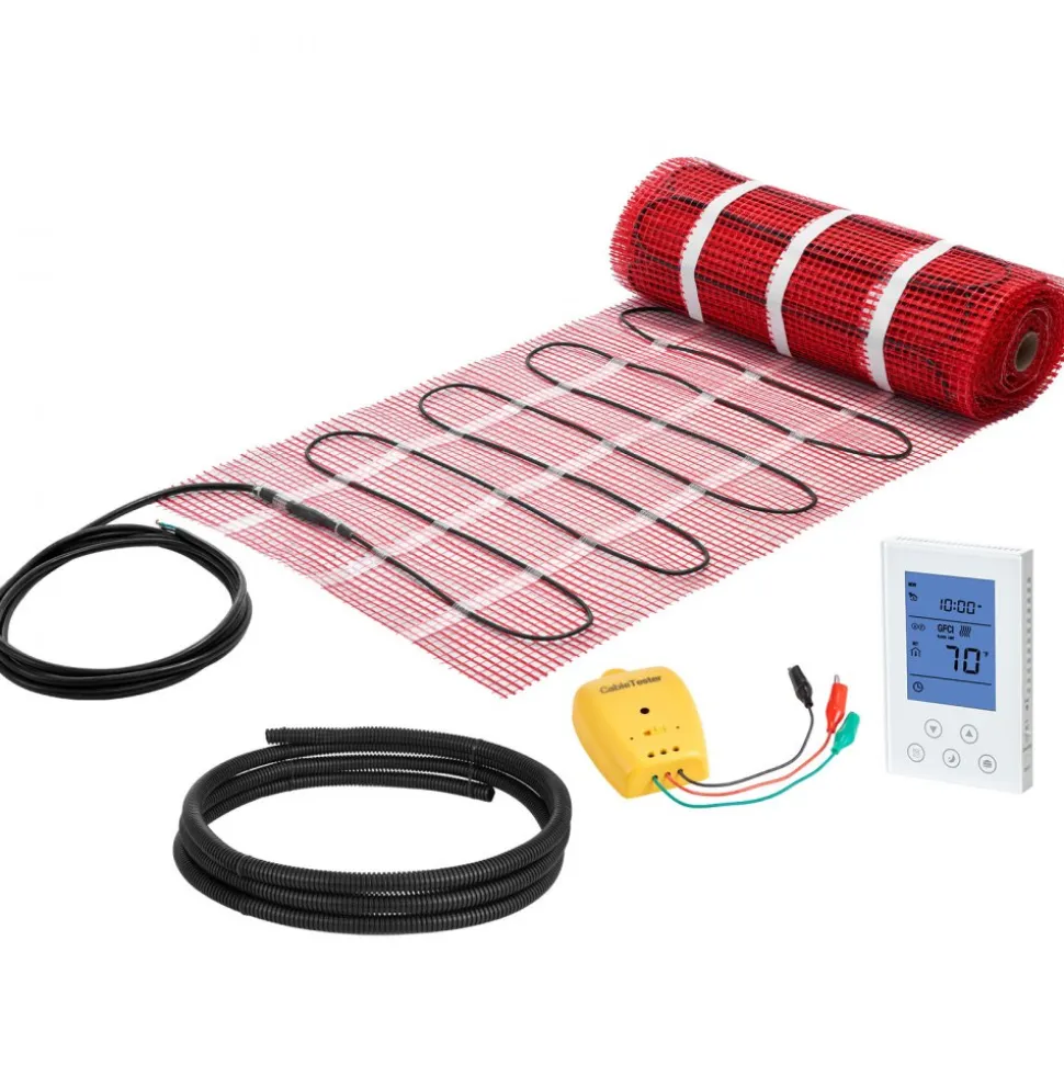VEVOR 50 sqft Self-Adhesive Mesh Floor Heating Mat System, 120V Electric Radiant Heated Floor System, with Smart Control Thermostat & Alarm, Easy Installation for Tile, Stone, Vinyl