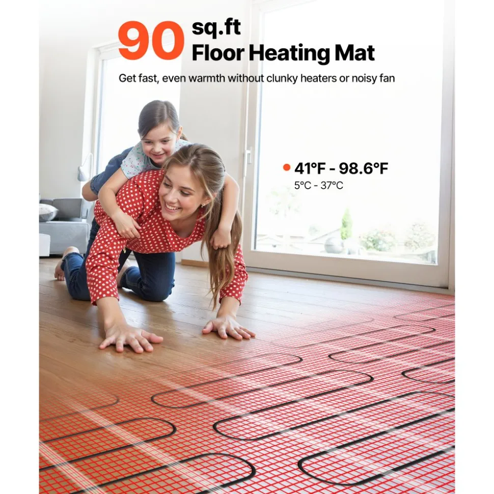 VEVOR 90 sqft Self-Adhesive Mesh Floor Heating Mat System, 120V Electric Radiant Heated Floor System, with Smart Control Thermostat & Alarm, Easy Installation for Tile, Stone, Vinyl