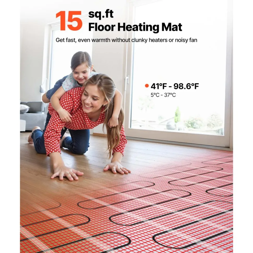 VEVOR 15 sqft Self-Adhesive Mesh Floor Heating Mat System, 120V Electric Radiant Heated Floor System, with Smart Control Thermostat & Alarm, Easy Installation for Tile, Stone, Vinyl