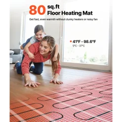 VEVOR 80 sqft Self-Adhesive Mesh Floor Heating Mat System, 120V Electric Radiant Heated Floor System, with Smart Control Thermostat & Alarm, Easy Installation for Tile, Stone, Vinyl