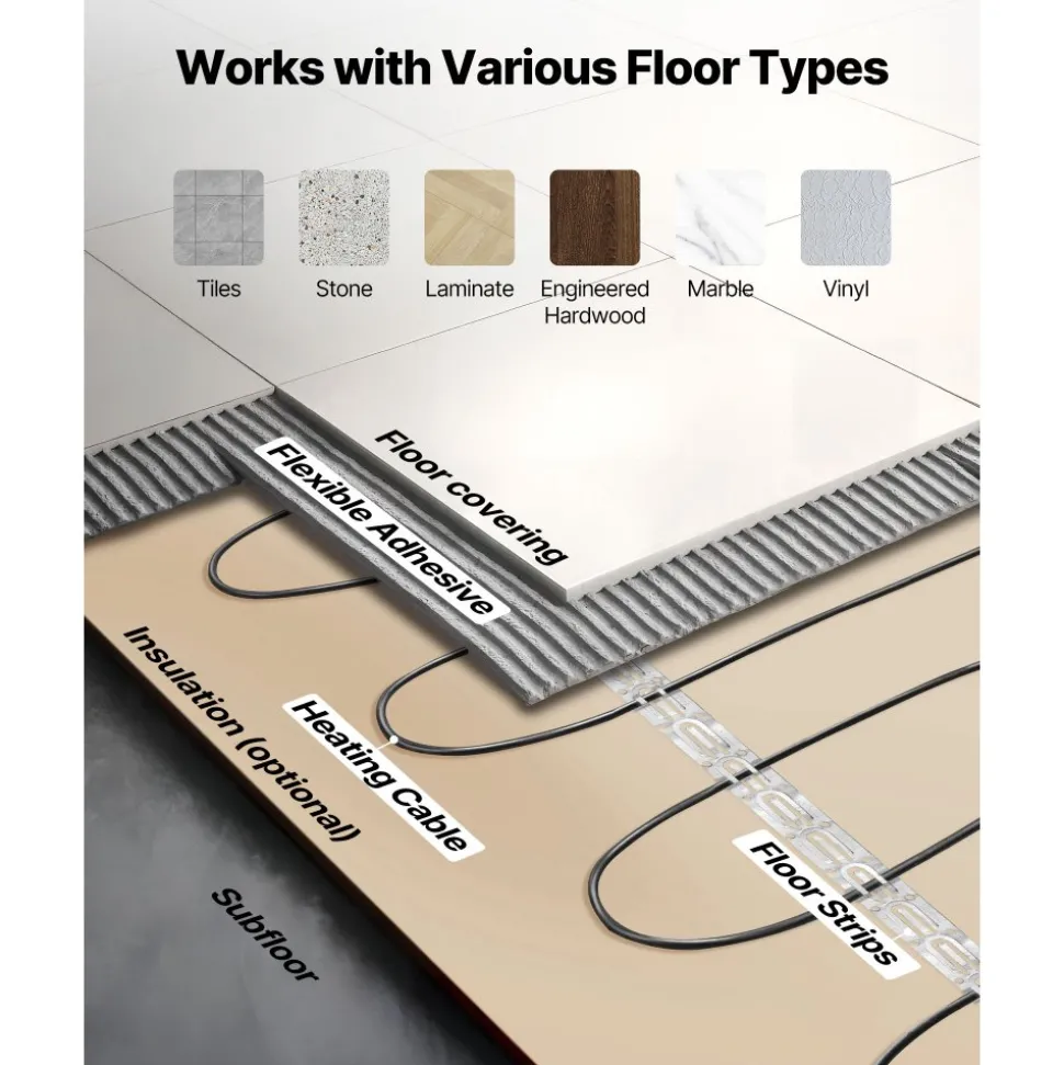 VEVOR 100 sqft Underfloor Heating Cable Kit, 120V Electric Radiant Heated Floor System, with Smart Control Thermostat & Alarm, Easy Installation for Tile, Stone, Vinyl, Home Improvement