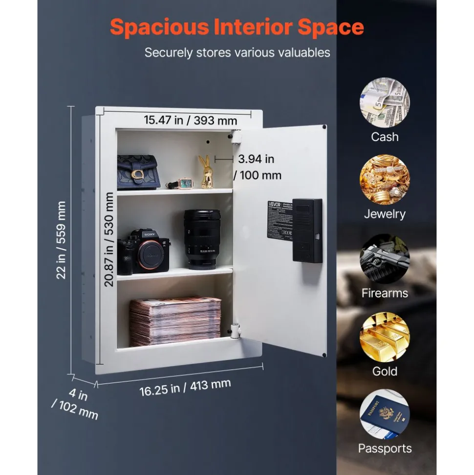 VEVOR 0.83 sq.ft Wall Safe, 3-Tier Hidden Wall Safe with Password, Key & Turning Knob, Q235 Cold-Rolled Steel In-Wall Box with Adjustable Shelves & Mounting Holes for Money, Jewelry, Passport, White
