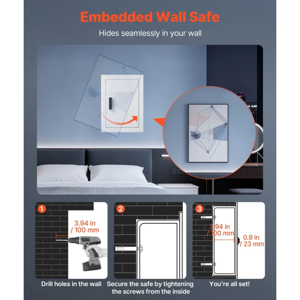 VEVOR 0.83 sq.ft Wall Safe, 3-Tier Hidden Wall Safe with Password, Key & Turning Knob, Q235 Cold-Rolled Steel In-Wall Box with Adjustable Shelves & Mounting Holes for Money, Jewelry, Passport, White