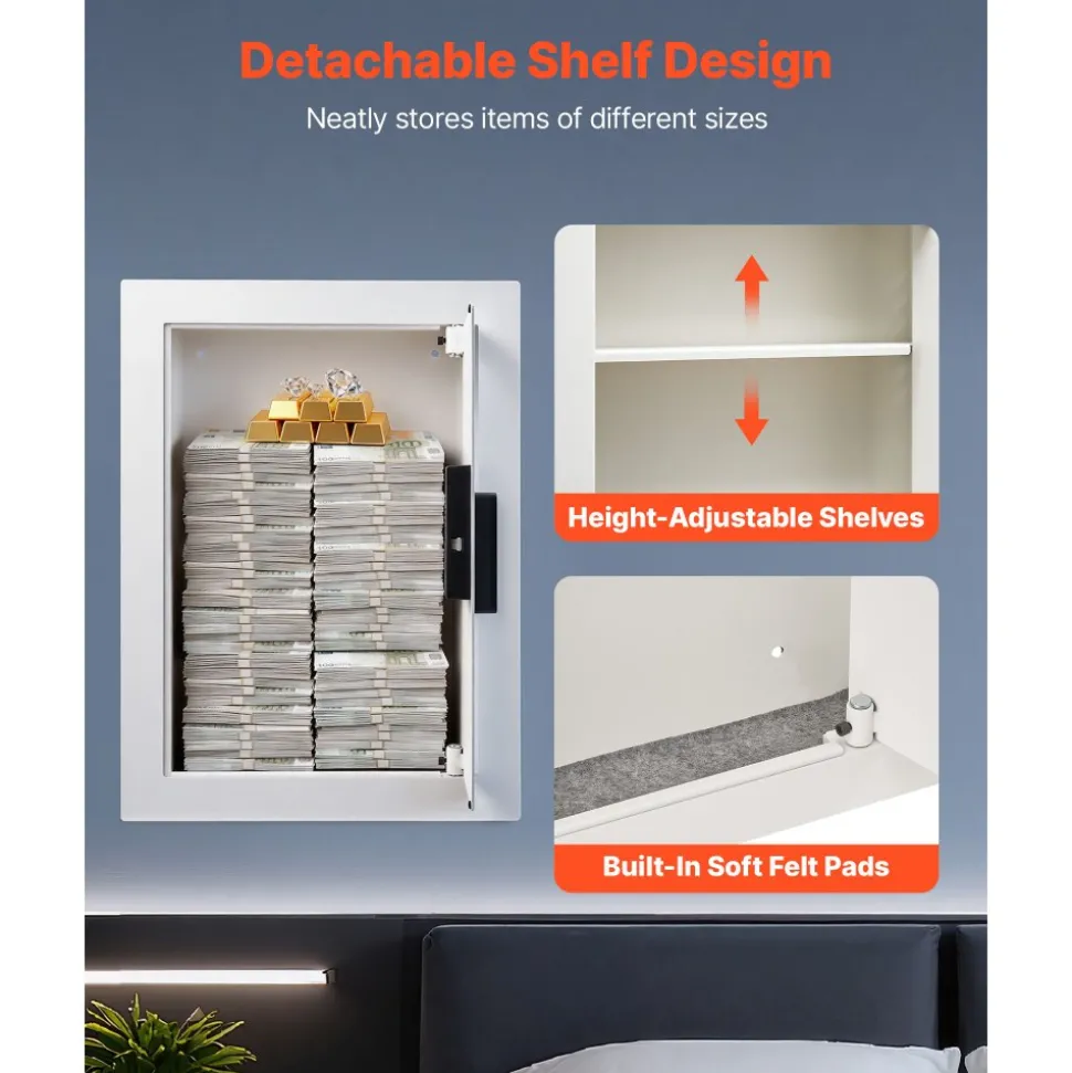 VEVOR 0.83 sq.ft Wall Safe, 3-Tier Hidden Wall Safe with Password, Key & Turning Knob, Q235 Cold-Rolled Steel In-Wall Box with Adjustable Shelves & Mounting Holes for Money, Jewelry, Passport, White