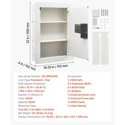 VEVOR 0.83 sq.ft Wall Safe, 3-Tier Hidden Wall Safe with Password, Key & Turning Knob, Q235 Cold-Rolled Steel In-Wall Box with Adjustable Shelves & Mounting Holes for Money, Jewelry, Passport, White