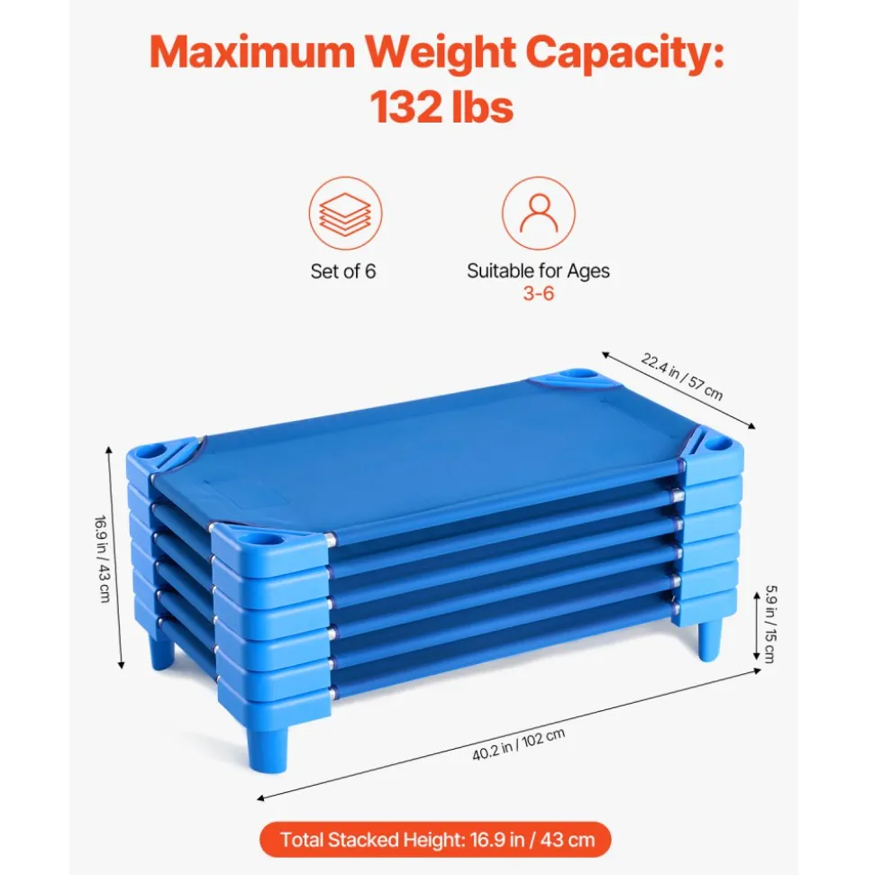 VEVOR Stackable Kiddie Cot, Pack of 6, Portable Toddler Nap Cots, Standard Size 40" L x 23" W Daycare Cots for Kids, Preschool Classroom Daycare Beds for Sleeping, Resting, Naptime, Blue