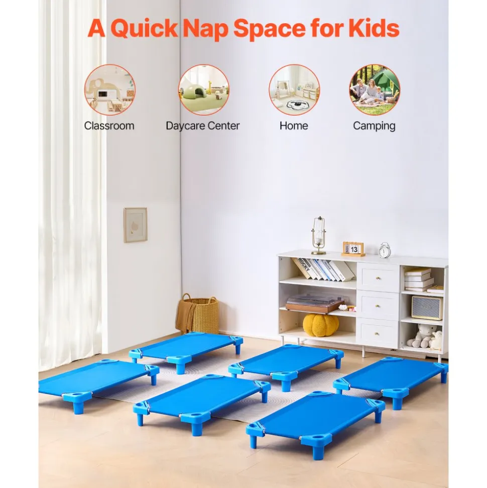 VEVOR Stackable Kiddie Cot, Pack of 6, Portable Toddler Nap Cots, Standard Size 40" L x 23" W Daycare Cots for Kids, Preschool Classroom Daycare Beds for Sleeping, Resting, Naptime, Blue