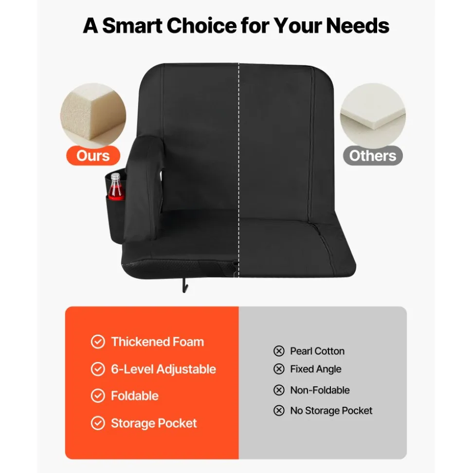 VEVOR Stadium Seat, 6 Adjustable Angle Wide Bleacher Chair, 2.9'' Cushion Padded Stadium Seat with Armrest and Back Support, Stadiums Chair with Hook Cupholder for Picnics, Beach Sports, and Gaming