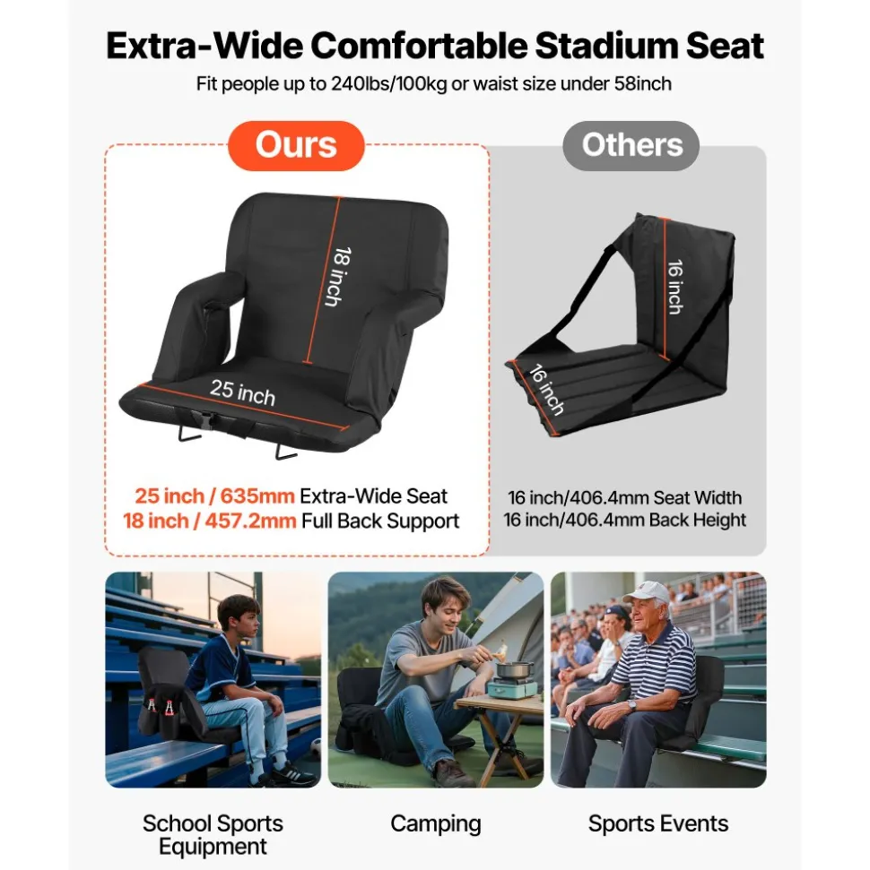 VEVOR Stadium Seat, 6 Adjustable Angle Bleacher Chair, 2.75'' Cushion Stadium Seat with Back Support and Armrest, Wide Bleacher Chair with Hook Pocket Cupholder for Picnics, Beach Sports, and Gaming