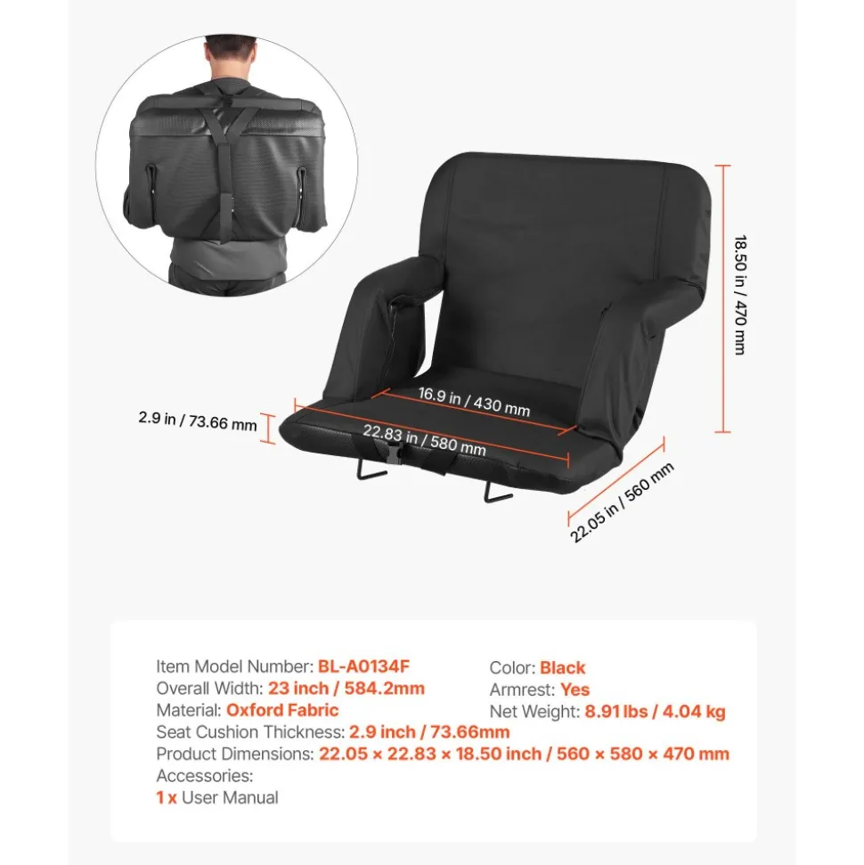 VEVOR Stadium Seat, 6 Adjustable Angle Bleacher Chair, 2.9'' Cushion Stadium Seat with Back Support and Armrest, Wide Bleacher Chair with Hook Pocket Cupholder for Picnics, Beach Sports, and Gaming
