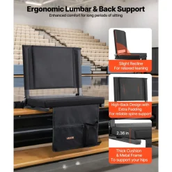 VEVOR Stadium Seat, Folding Bleacher Chair with Back Support and Thick Cushion, Padded Stadium Seat for Bleacher Includes Shoulder Strap, Hooks, Cup Holder, and Side Pocket, Black Bleachers Chair