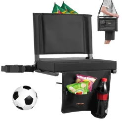 VEVOR Stadium Seat, Folding Bleacher Chair with Back Support and Thick Cushion, Padded Stadium Seat for Bleacher Includes Shoulder Strap, Hooks, Cup Holder, and Side Pocket, Black Bleachers Chair