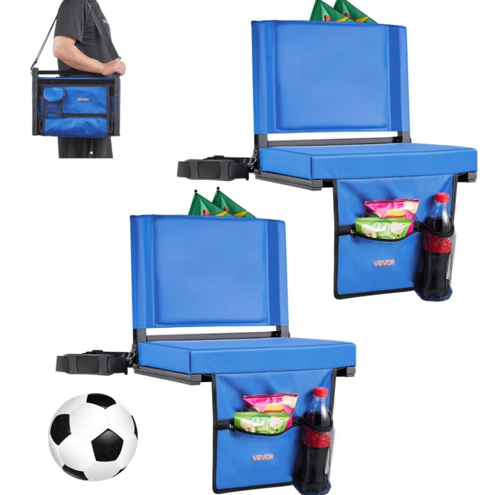 VEVOR Stadium Seat, Folding Bleacher Seat with Back Support & Thick Cushion, Padded Stadium Seats for Bleacher Includes Shoulder Strap, Hooks, Cup Holder, and Side Pocket, Blue Bleachers Chair