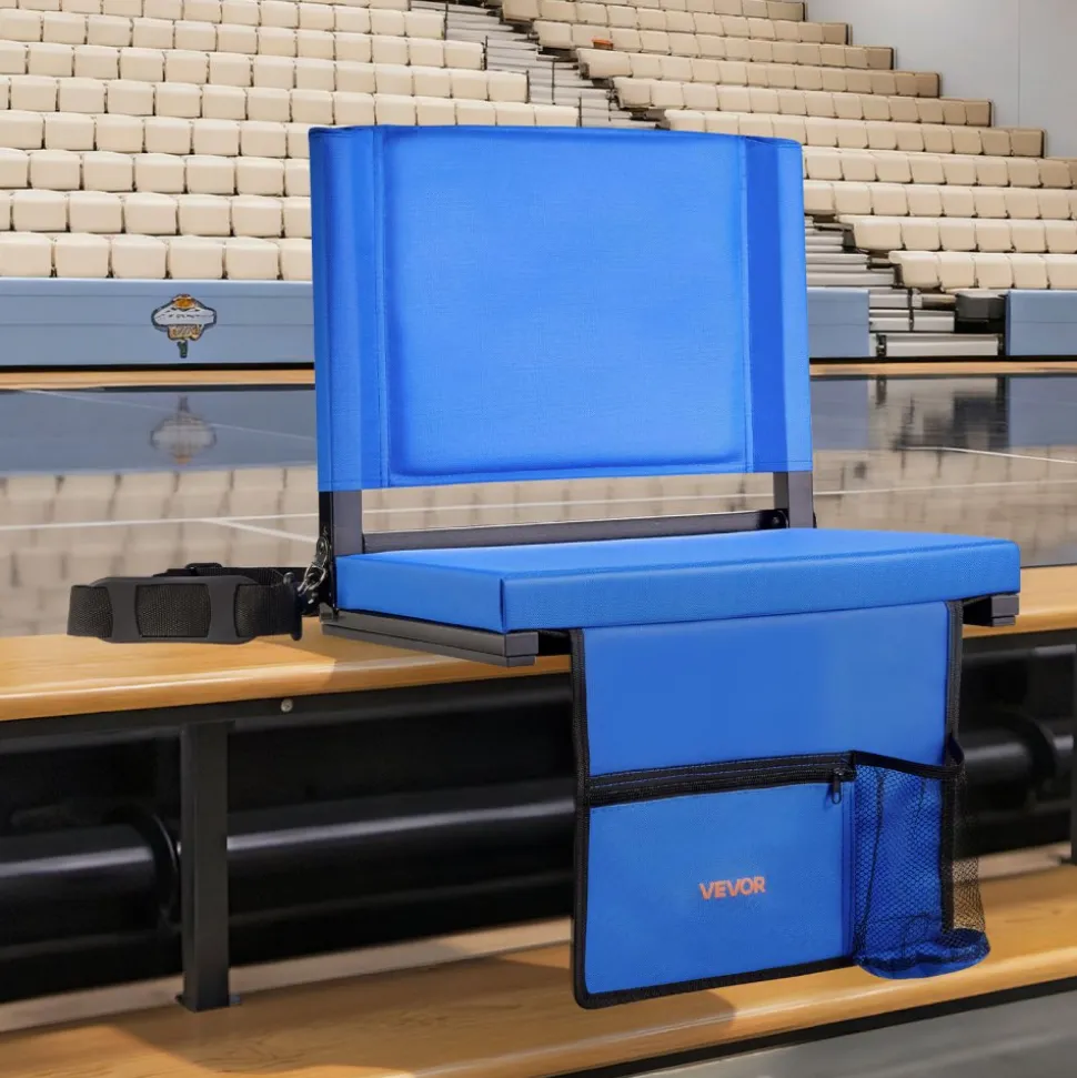 VEVOR Stadium Seat, Folding Bleacher Seat with Back Support & Thick Cushion, Padded Stadium Seats for Bleacher Includes Shoulder Strap, Hooks, Cup Holder, and Side Pocket, Blue Bleachers Chair