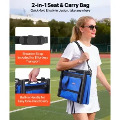VEVOR Stadium Seat, Folding Bleacher Seat with Back Support & Thick Cushion, Padded Stadium Seats for Bleacher Includes Shoulder Strap, Hooks, Cup Holder, and Side Pocket, Blue Bleachers Chair