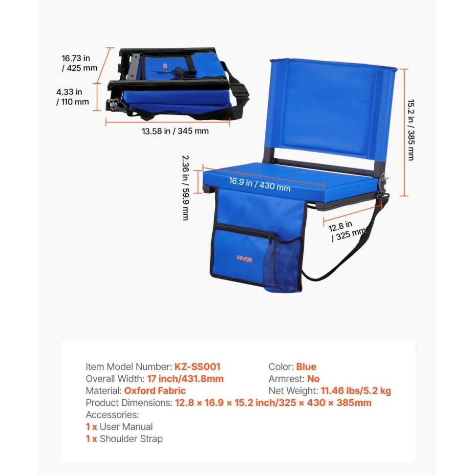 VEVOR Stadium Seat, Folding Bleacher Seat with Back Support & Thick Cushion, Padded Stadium Seats for Bleacher Includes Shoulder Strap, Hooks, Cup Holder, and Side Pocket, Blue Bleachers Chair