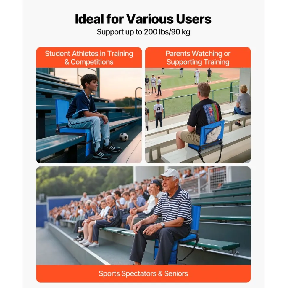 VEVOR Stadium Seat, Folding Bleacher Seat with Back Support & Thick Cushion, Padded Stadium Seats for Bleacher Includes Shoulder Strap, Hooks, Cup Holder, and Side Pocket, Blue Bleachers Chair