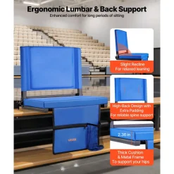 VEVOR Stadium Seat, Folding Bleacher Seat with Back Support & Thick Cushion, Padded Stadium Seats for Bleacher Includes Shoulder Strap, Hooks, Cup Holder, and Side Pocket, Blue Bleachers Chair