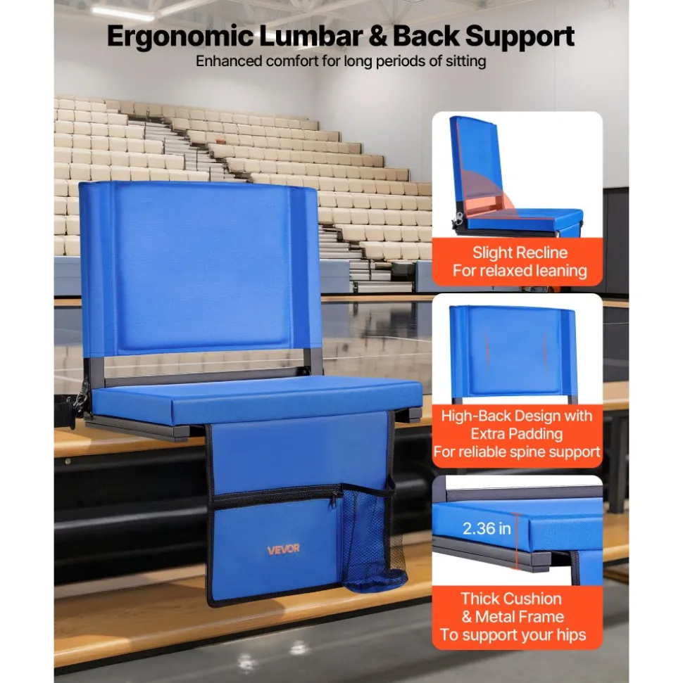 VEVOR Stadium Seat, Folding Bleacher Seat with Back Support & Thick Cushion, Padded Stadium Seats for Bleacher Includes Shoulder Strap, Hooks, Cup Holder, and Side Pocket, Blue Bleachers Chair