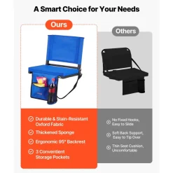 VEVOR Stadium Seat, Folding Bleacher Seat with Back Support & Thick Cushion, Padded Stadium Seats for Bleacher Includes Shoulder Strap, Hooks, Cup Holder, and Side Pocket, Blue Bleachers Chair