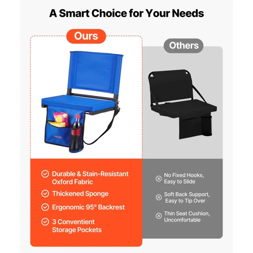 VEVOR Stadium Seat, Folding Bleacher Seat with Back Support & Thick Cushion, Padded Stadium Seats for Bleacher Includes Shoulder Strap, Hooks, Cup Holder, and Side Pocket, Blue Bleachers Chair